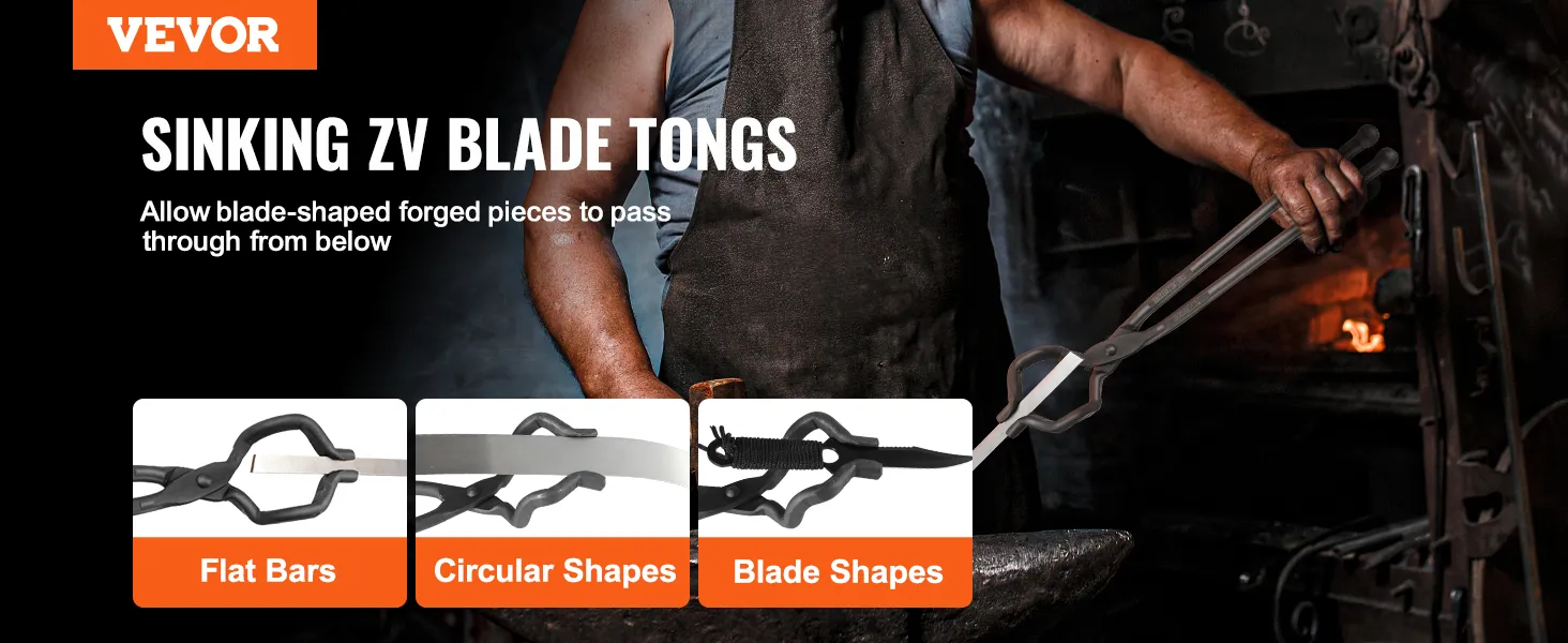 VEVOR blacksmith tongs demonstrating usage with flat bars, circular shapes, and blade shapes at a forge.