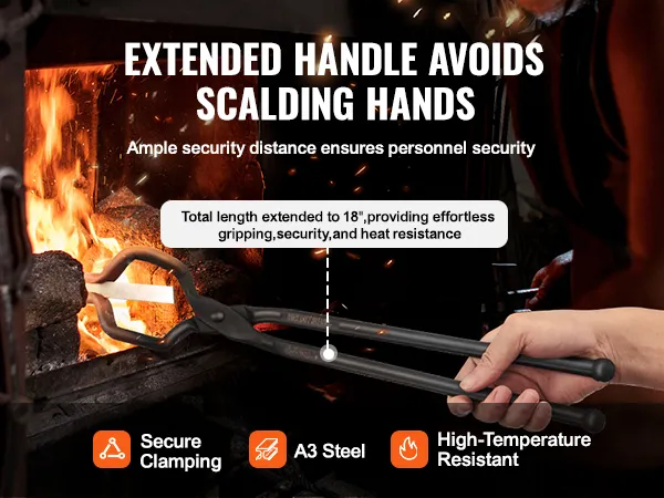 VEVOR blacksmith tongs with extended handle, 18" length, secure clamping, and heat resistance.