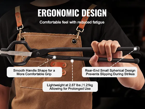 blacksmith holding VEVOR blacksmith tongs, showcasing ergonomic design, smooth handle, and lightweight build.