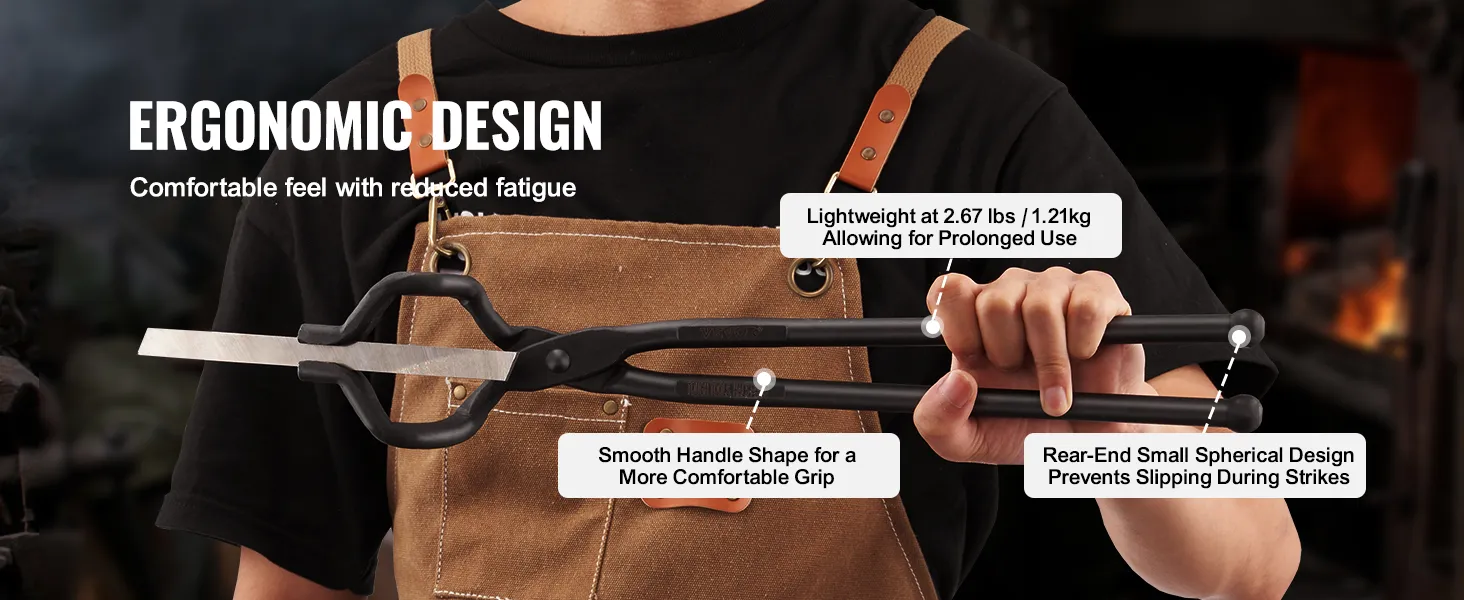 blacksmith holding VEVOR blacksmith tongs, showcasing ergonomic design, smooth handle, and lightweight build.