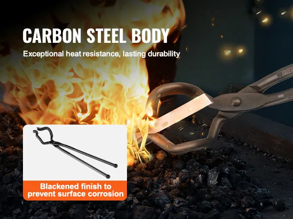 VEVOR blacksmith tongs with a blackened finish, showcasing heat resistance in front of flames.