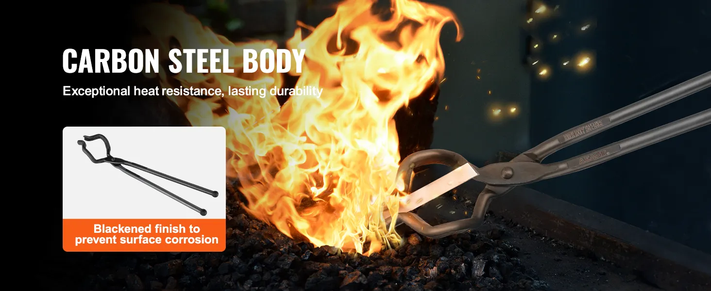 VEVOR blacksmith tongs with a blackened finish, showcasing heat resistance in front of flames.