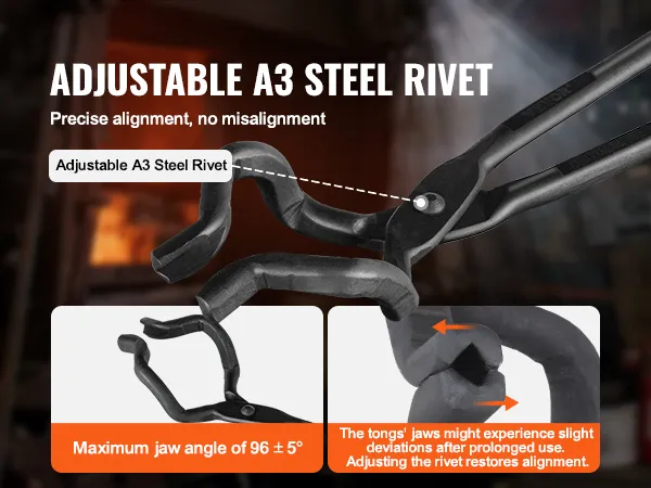 VEVOR blacksmith tongs with adjustable a3 steel rivet for precise alignment and 96±5° jaw angle.