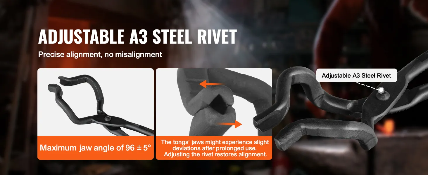 VEVOR blacksmith tongs with adjustable a3 steel rivet for precise alignment and 96±5° jaw angle.