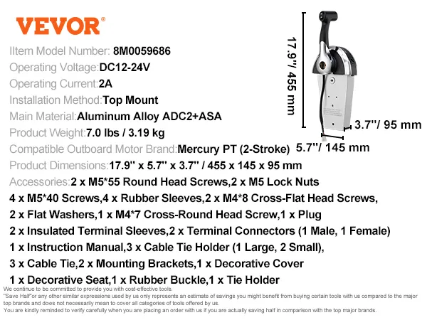 De specificaties, accessoires en afmetingen van de VEVOR-gashendel voor boten zijn duidelijk aangegeven voor eenvoudige installatie.
