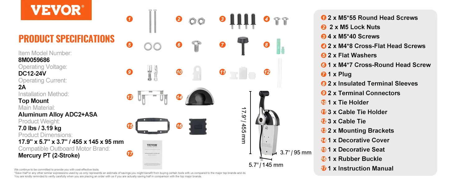 VEVOR boat throttle control specifications, accessories, and dimensions are clearly labeled for easy installation.