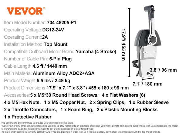 Comando acceleratore per imbarcazioni VEVOR, modello 704-48205-p1, con componenti di installazione e specifiche del prodotto.
