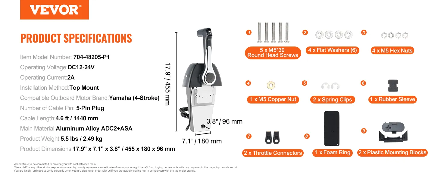 VEVOR boat throttle control, model 704-48205-p1, with installation components and product specifications.