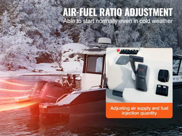 VEVOR air-fuel ratio adjustment device, boat on snowy lake in cold weather.