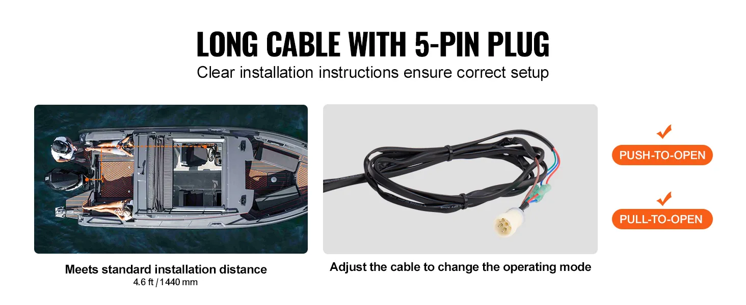 VEVOR boat throttle control with long cable, 5-pin plug, and installation instructions.