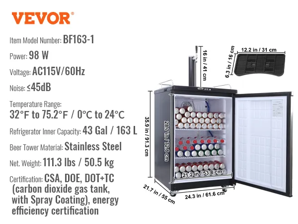 Kegerator de cerveza VEVOR bf163-1, 43 gal/163 l, torre de cerveza de acero inoxidable, dimensiones y especificaciones mostradas.