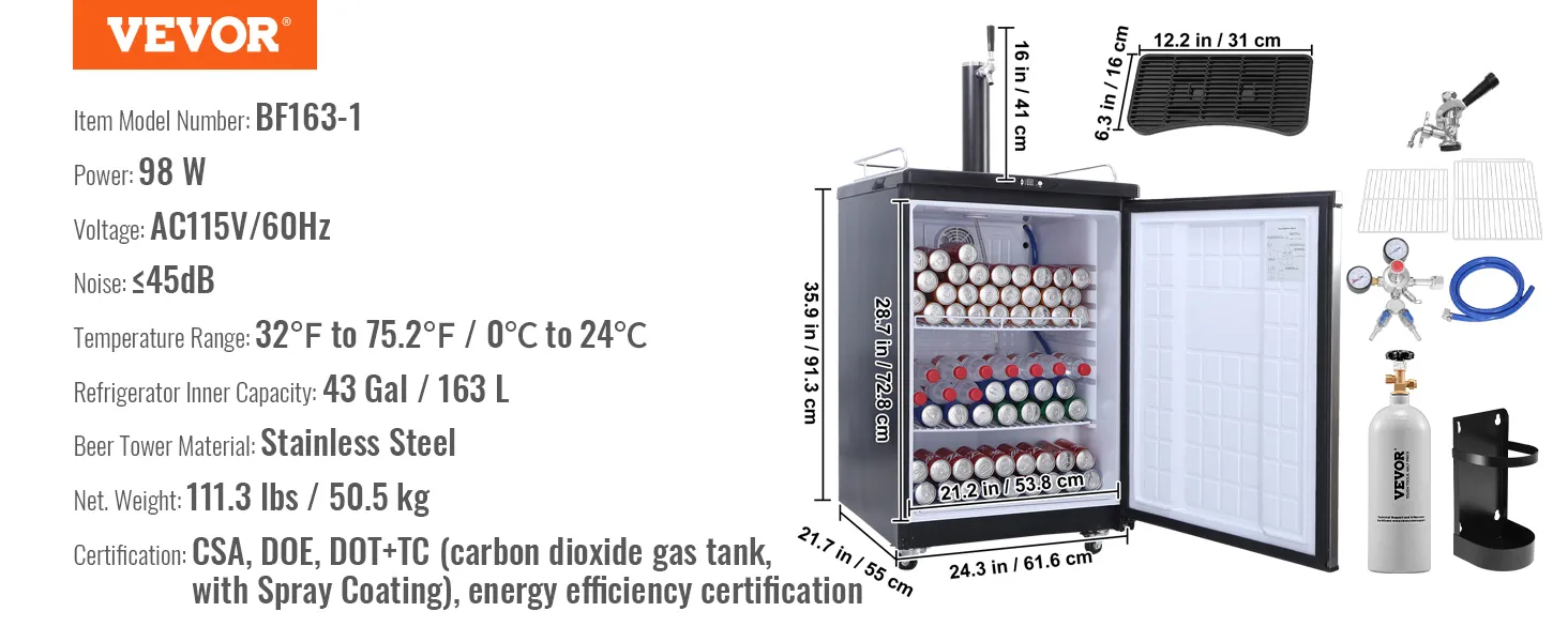 Kegerator de cerveza VEVOR bf163-1, 43 gal/163 l, torre de cerveza de acero inoxidable, dimensiones y especificaciones mostradas.