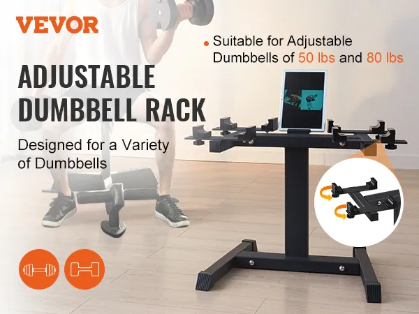 VEVOR adjustable dumbbell rack with tablet holder, suitable for 50 lbs and 80 lbs adjustable dumbbells.