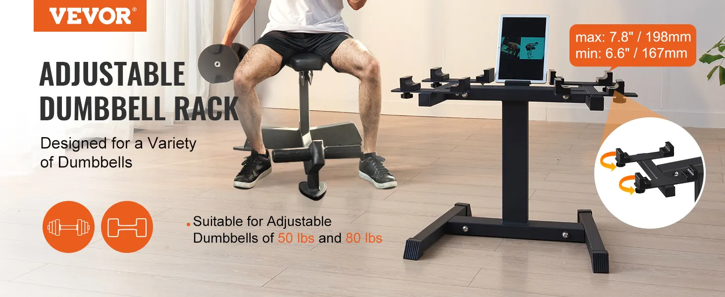 VEVOR adjustable dumbbell rack with tablet holder, suitable for 50 lbs and 80 lbs adjustable dumbbells.