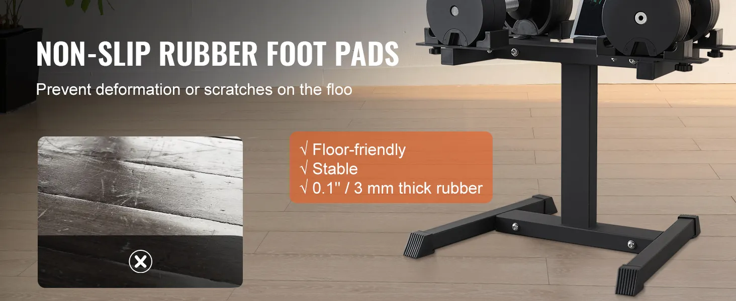 VEVOR dumbbell stand with non-slip rubber foot pads prevents floor scratches and provides stability.