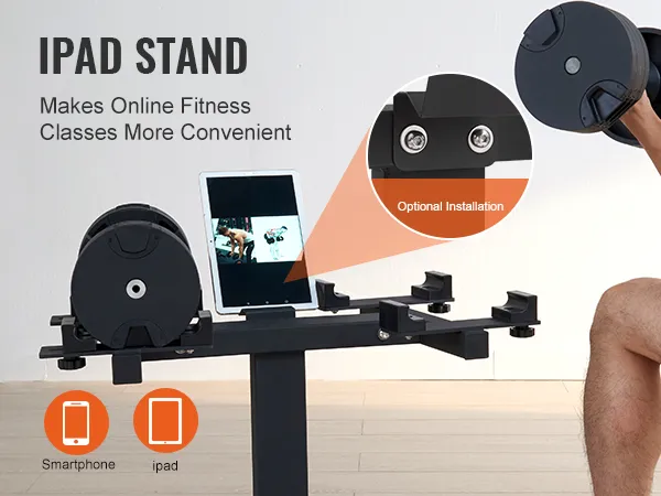 VEVOR dumbbell stand with an ipad and smartphone holder for convenient online fitness classes.