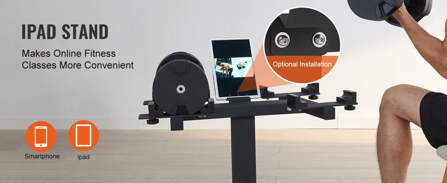VEVOR dumbbell stand with an ipad and smartphone holder for convenient online fitness classes.