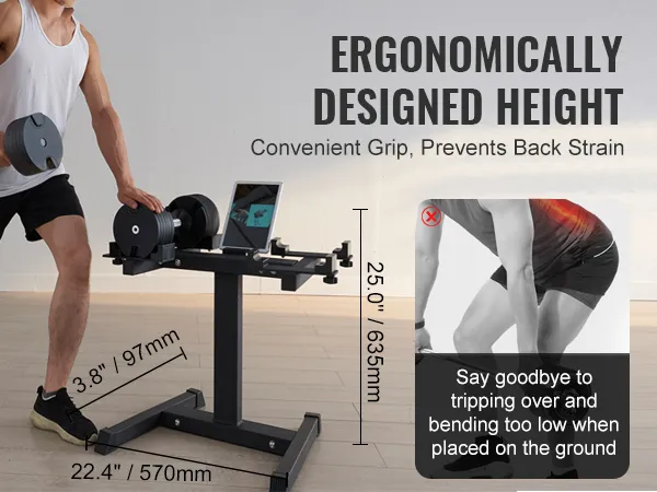 man using VEVOR dumbbell stand, ergonomically designed for convenient grip and back strain prevention.