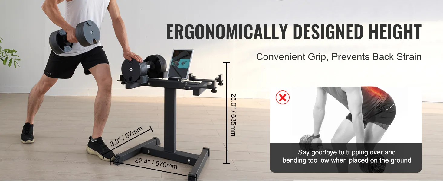 man using VEVOR dumbbell stand, ergonomically designed for convenient grip and back strain prevention.