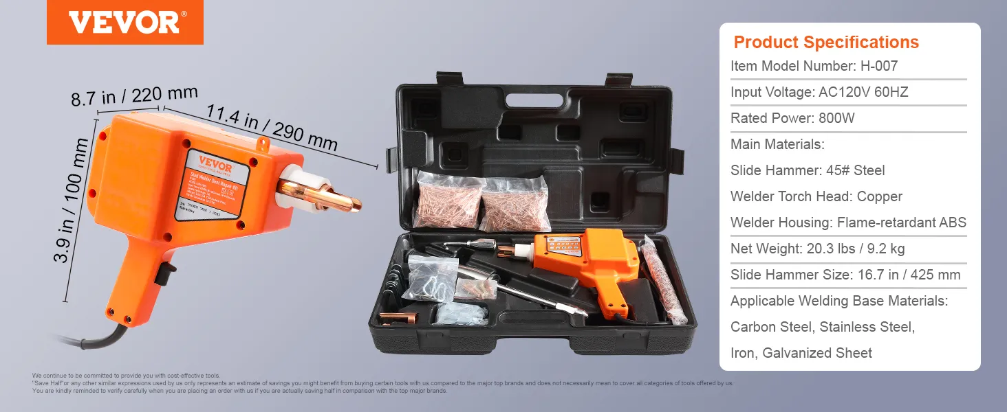 El kit de reparación de abolladuras para soldador de pernos VEVOR incluye un martillo deslizante, un cabezal de soplete de soldadura y accesorios en un estuche.