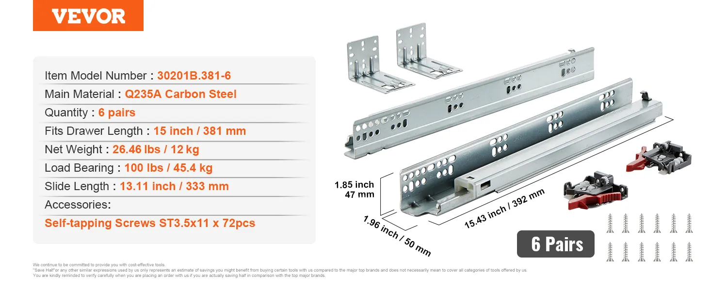 VEVOR drawer slides, 6 pairs, q235a carbon steel, 100 lbs load, 15-inch length, includes screws.