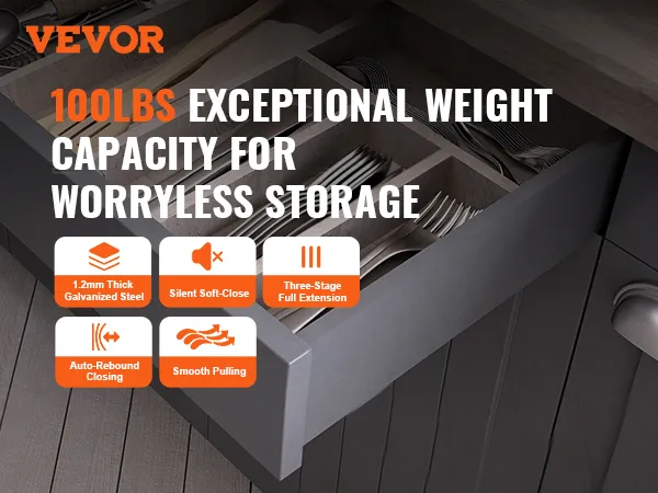 VEVOR drawer slides with 100lbs capacity, silent soft-close, and three-stage full extension.