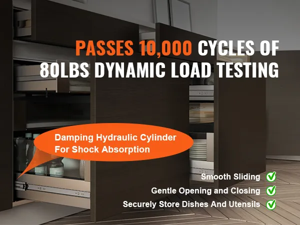 VEVOR drawer slides with damping hydraulic cylinder for shock absorption, pass 10,000 cycles load test.