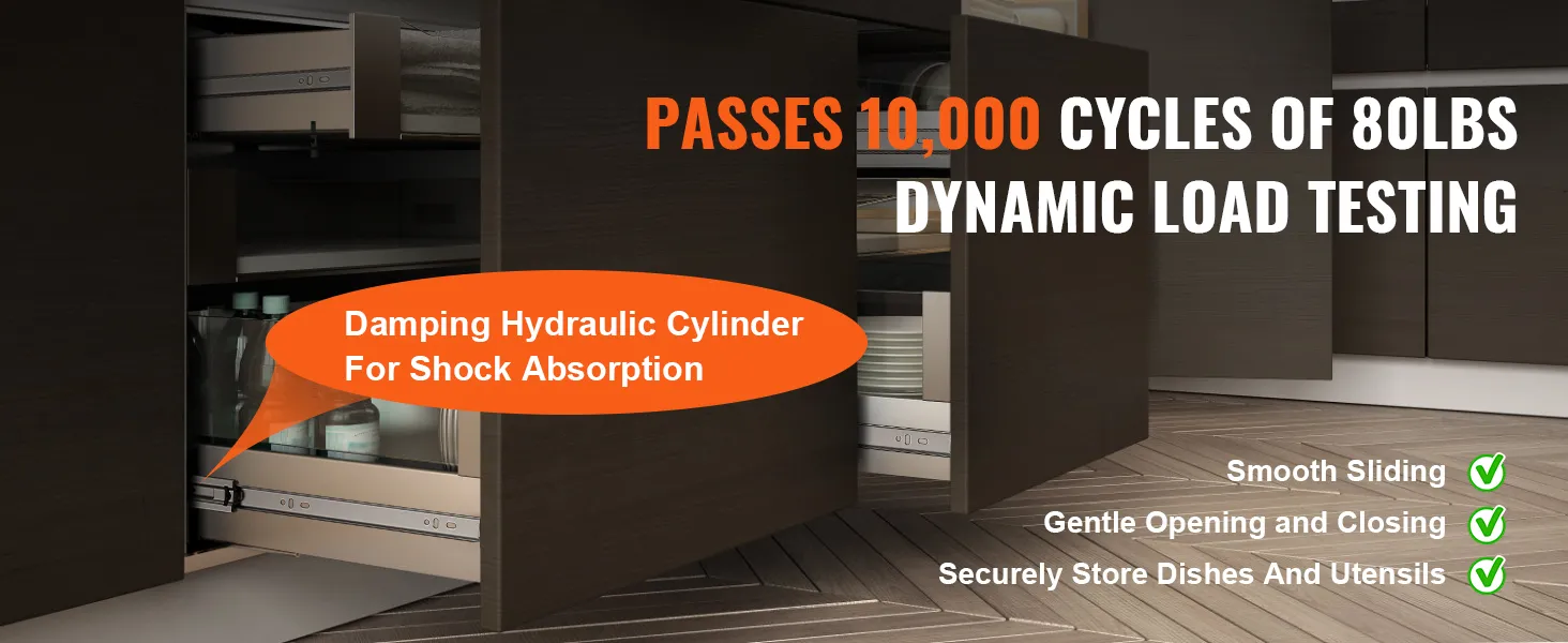 VEVOR drawer slides with damping hydraulic cylinder for shock absorption, pass 10,000 cycles load test.