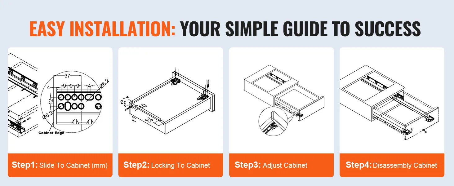 easy installation guide for VEVOR drawer slides in four steps: slide, lock, adjust, and disassemble.