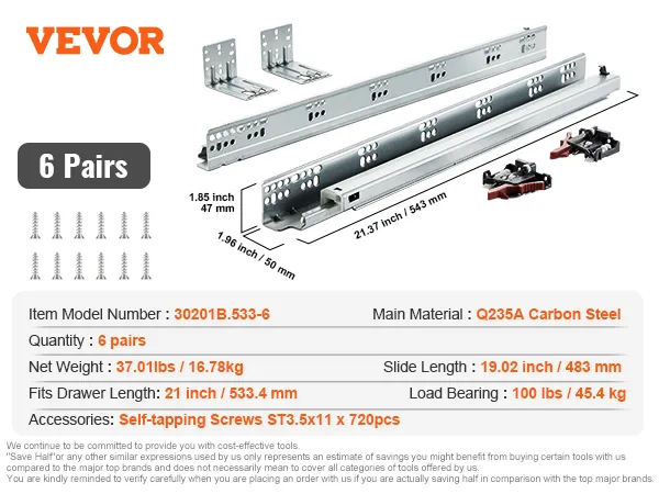 VEVOR drawer slides with q235a carbon steel, 6 pairs, 21-inch fit, 100 lbs load capacity, 61.73 lbs weight.