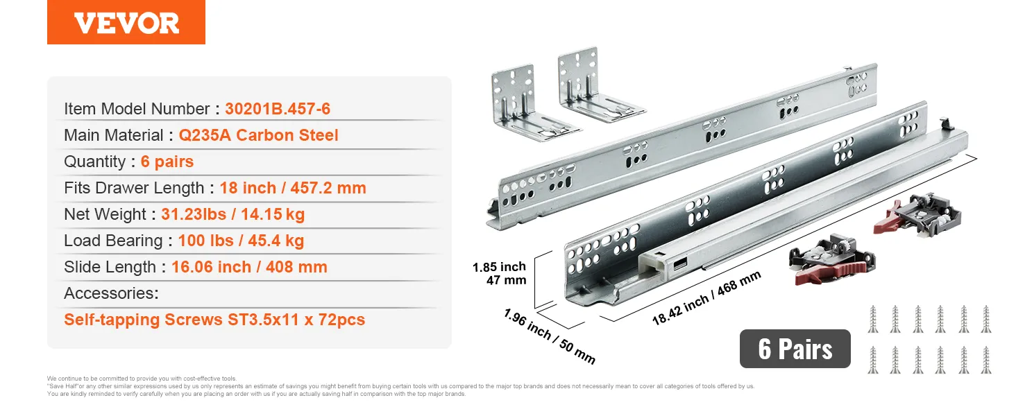 VEVOR drawer slides: 6 pairs, q235a carbon steel, load bearing 100 lbs, fits 18" drawers (457.2 mm).