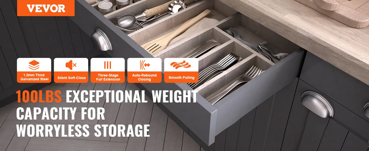VEVOR drawer slides with 100lbs capacity, soft-close, full extension, and smooth pulling in a kitchen drawer.