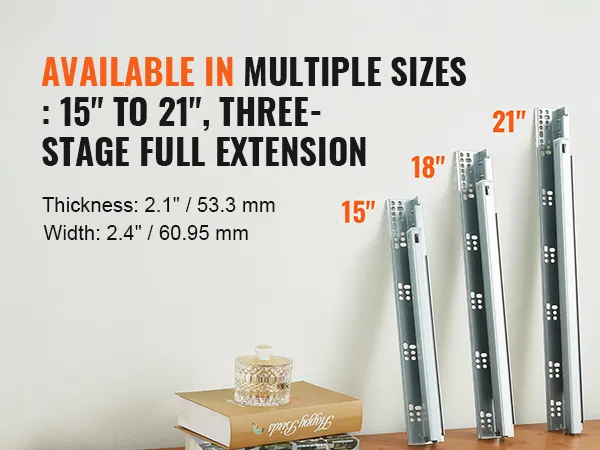 VEVOR drawer slides in multiple sizes 15 to 21 inches, with three-stage full extension.