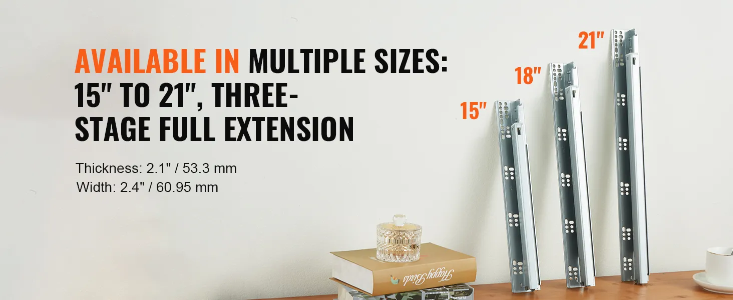 VEVOR drawer slides in multiple sizes 15 to 21 inches, with three-stage full extension.