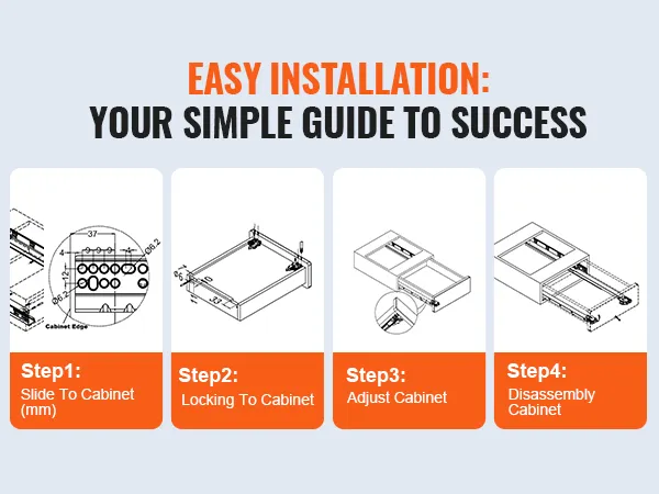 easy installation guide for VEVOR drawer slides: slide, lock, adjust, and disassemble. steps illustrated.