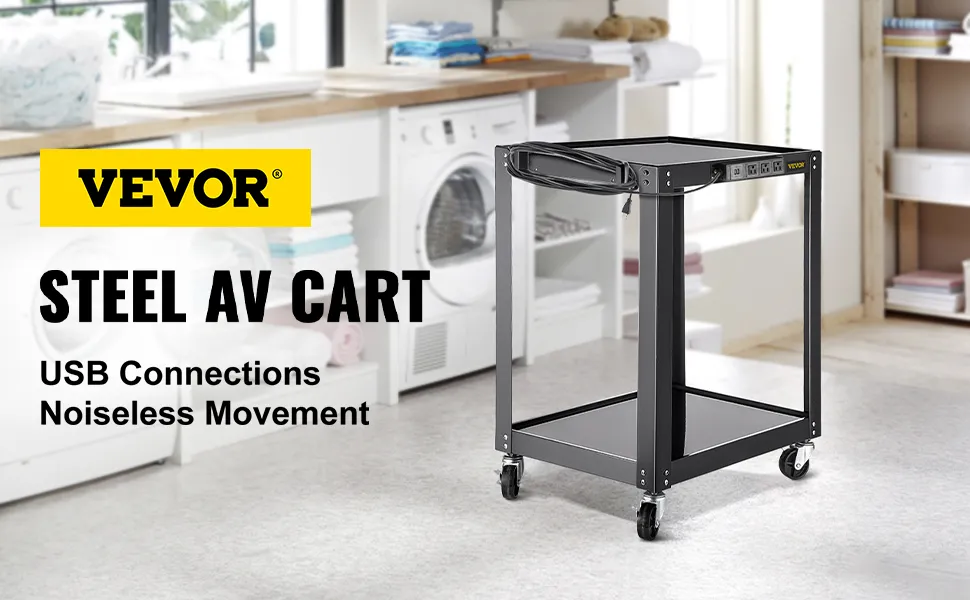 Carrito VEVOR av en lavadero, estructura de acero, puertos usb, ruedas para fácil movimiento.
