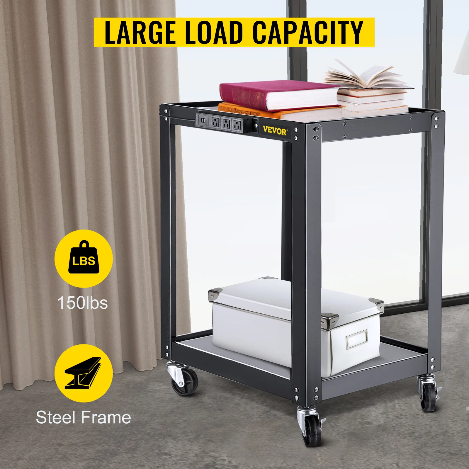 Carrito VEVOR con libros y estuche, capacidad de 150 libras, estructura de acero y ruedas giratorias.