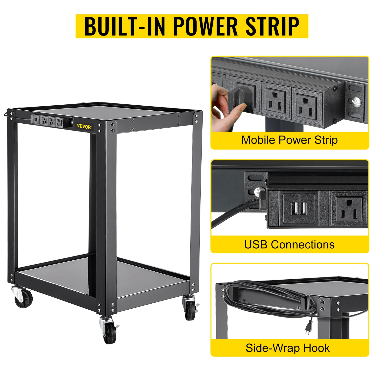 Carrito AV VEVOR con regleta de enchufes incorporada, puertos USB y gancho lateral.
