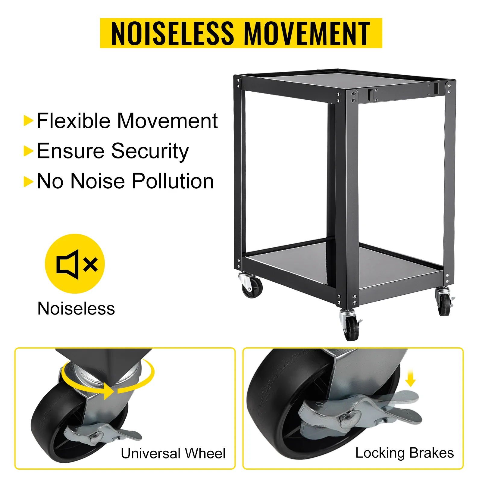 Carrito VEVOR con ruedas silenciosas, movimiento flexible y frenos con bloqueo para mayor seguridad.