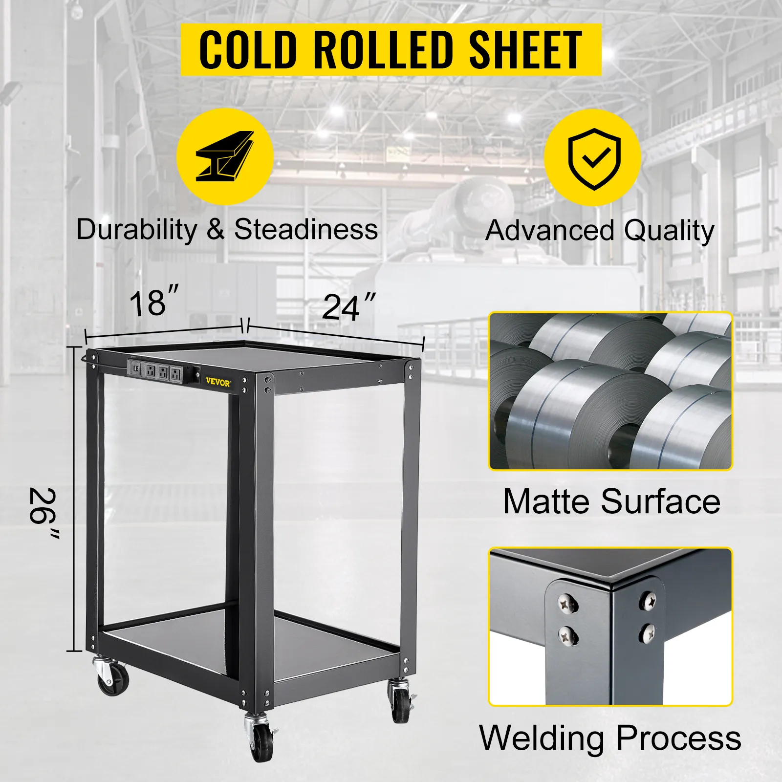 Carro VEVOR av con chapa de acero laminada en frío, 18"x24"x26", superficie mate y soldadura.