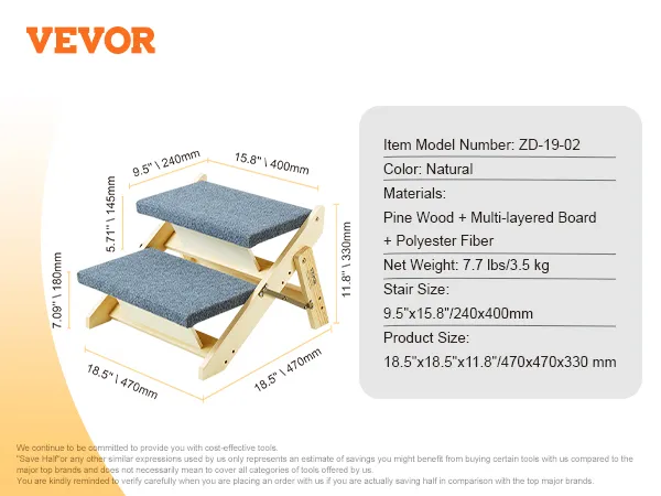 VEVOR wood pet stairs with natural pine wood, dimensions 9.5"x15.8"x11.8" and polyester-fiber cover.