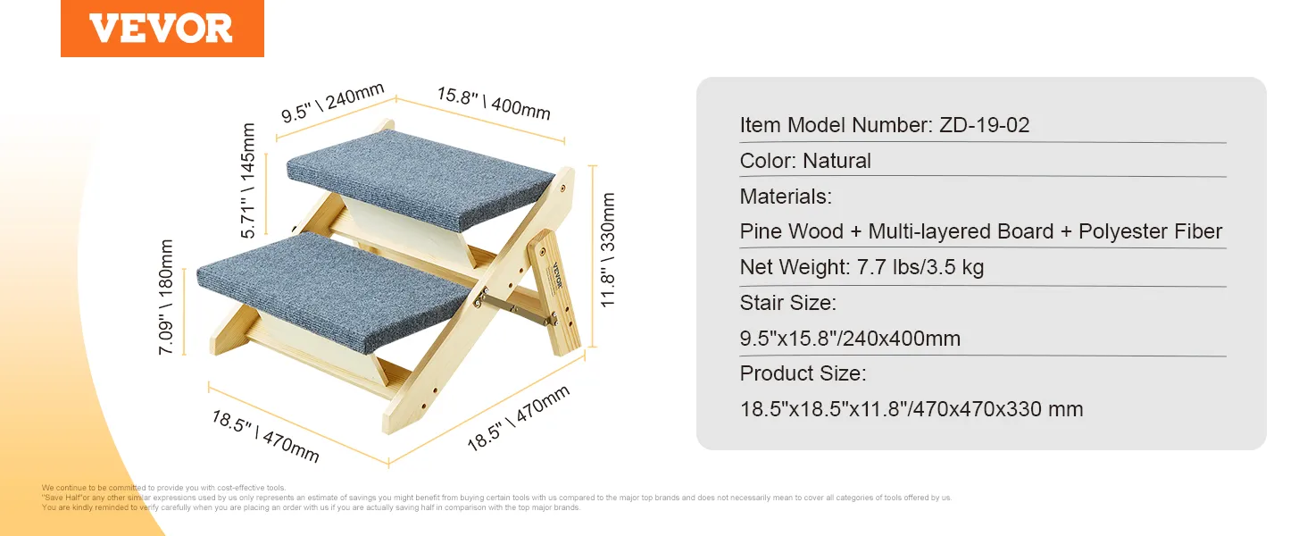 VEVOR wood pet stairs with natural pine wood, dimensions 9.5"x15.8"x11.8" and polyester-fiber cover.