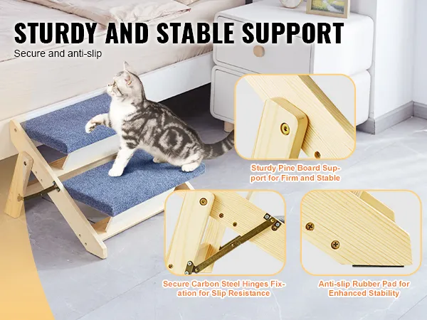 sturdy and stable VEVOR wood pet stairs with anti-slip surface and secure hinges for safe climbing.