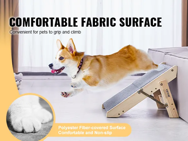 dog using VEVOR wood pet stairs to climb onto a sofa, featuring a comfortable fabric surface.