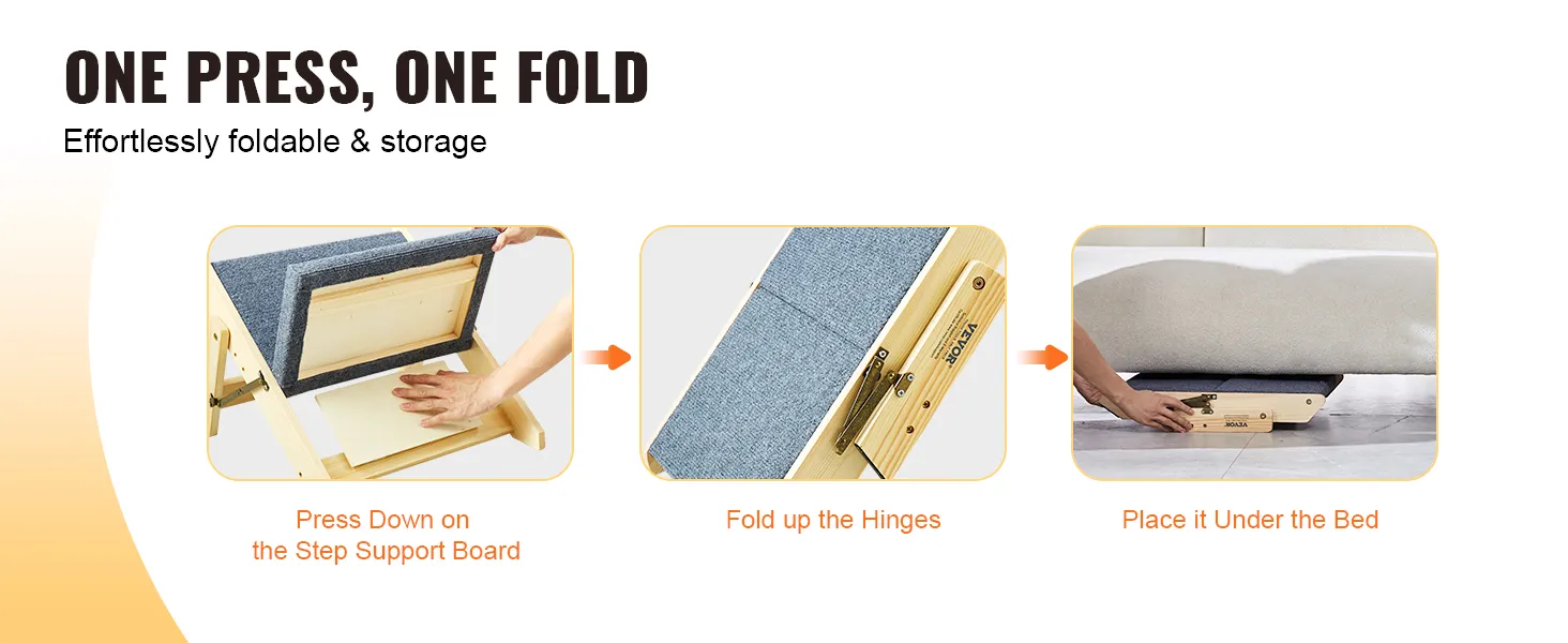 VEVOR wood pet stairs: press, fold hinges, and store under bed for easy folding and storage. effortless setup.
