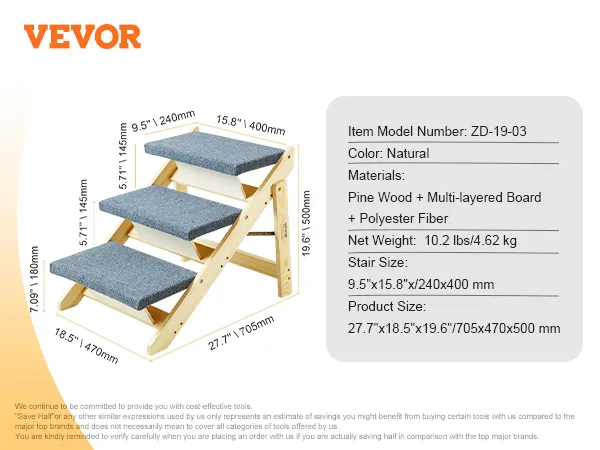 Escaleras para mascotas VEVOR con estructura de madera de pino, peldaños de fibra de poliéster gris y acabado en color natural.