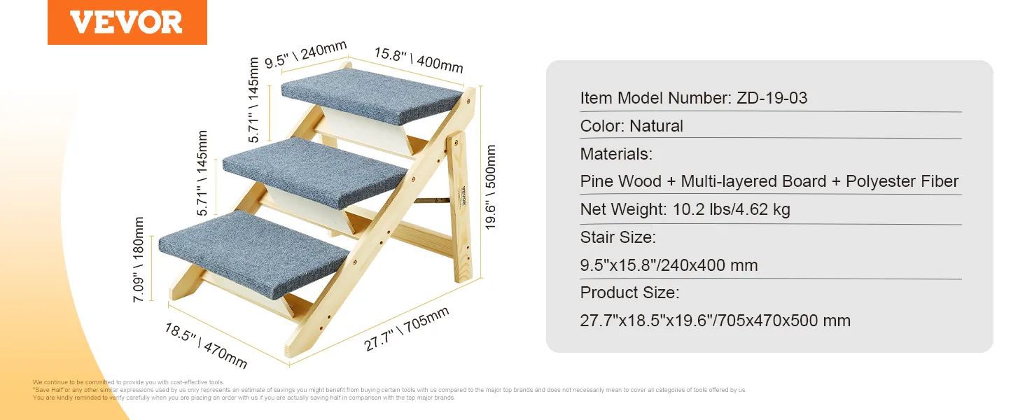 Escaleras para mascotas VEVOR con estructura de madera de pino, peldaños de fibra de poliéster gris y acabado en color natural.