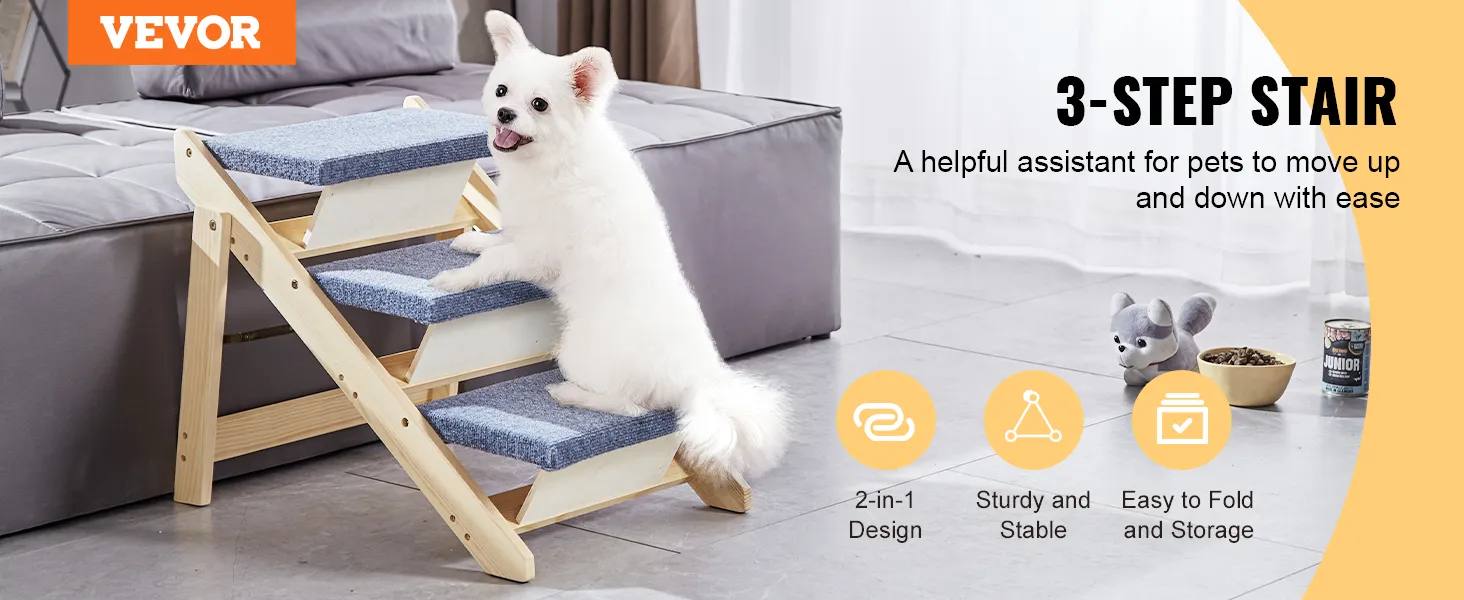 Perro blanco en escaleras para mascotas VEVOR de 3 escalones junto a una cama en una sala de estar moderna, con diseño plegable.