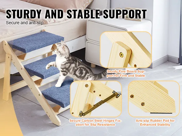 Escaleras para mascotas VEVOR con soporte de pino resistente, almohadilla de goma antideslizante y bisagras de acero al carbono para mayor estabilidad.