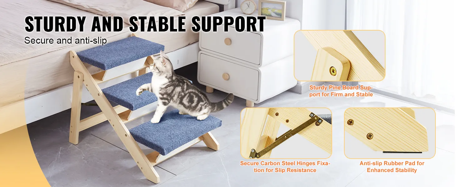 Escaleras para mascotas VEVOR con soporte de pino resistente, almohadilla de goma antideslizante y bisagras de acero al carbono para mayor estabilidad.